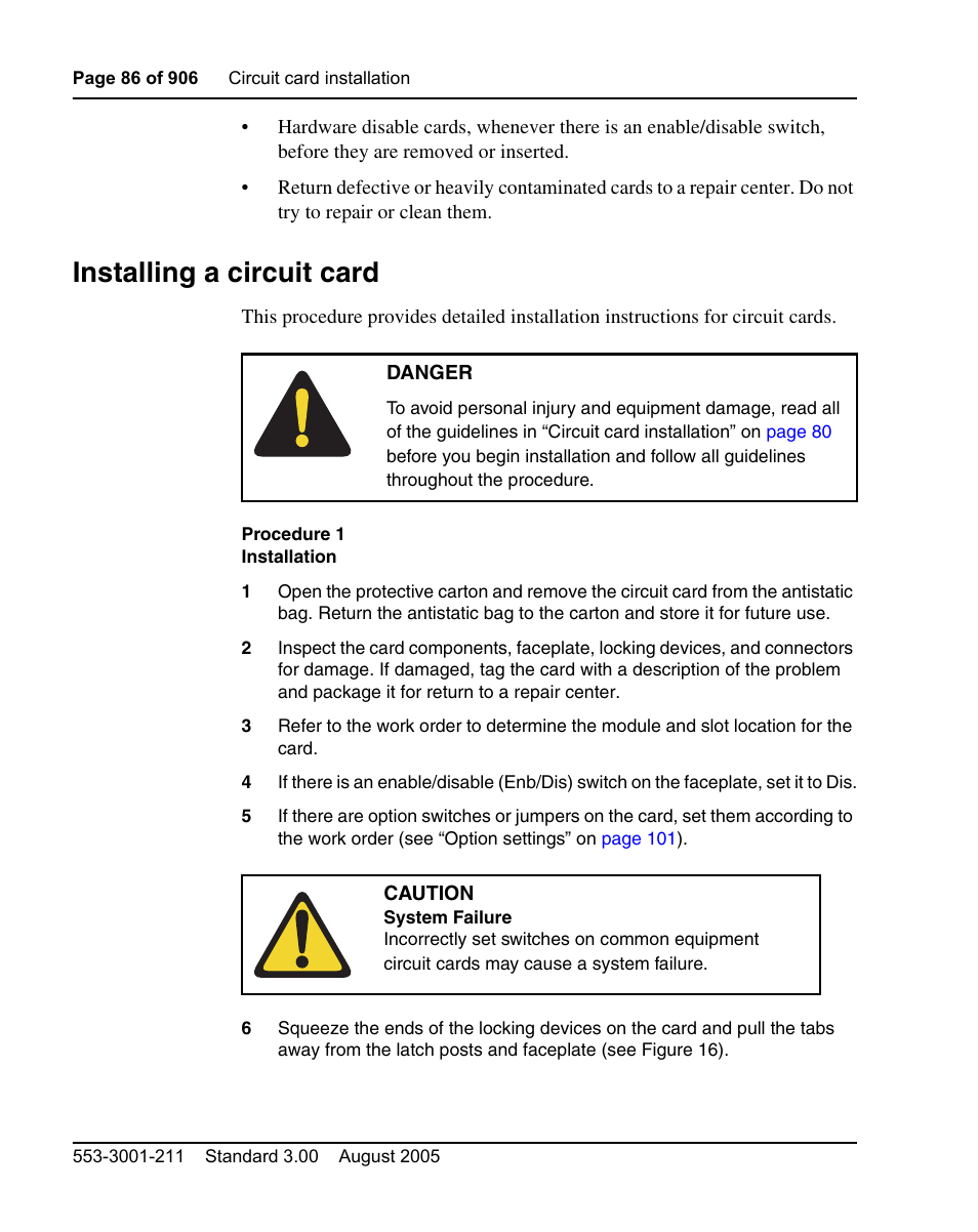 Installing a circuit card, List of procedures, Procedure 1 installation | Nortel Networks Circuit Card User Manual | Page 86 / 908
