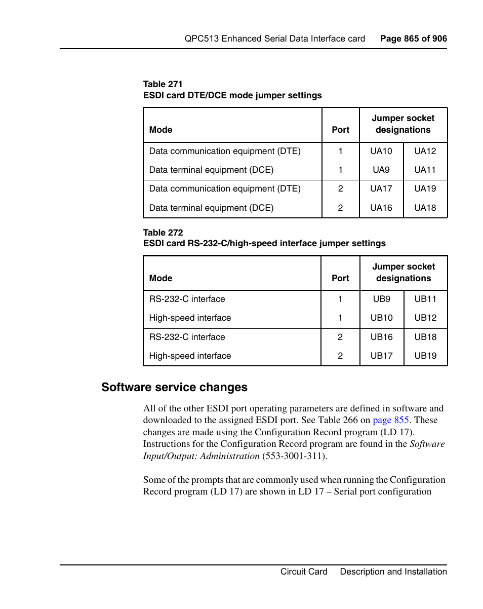 Software service changes, Table 271 on, And table 272 on | Nortel Networks Circuit Card User Manual | Page 865 / 908