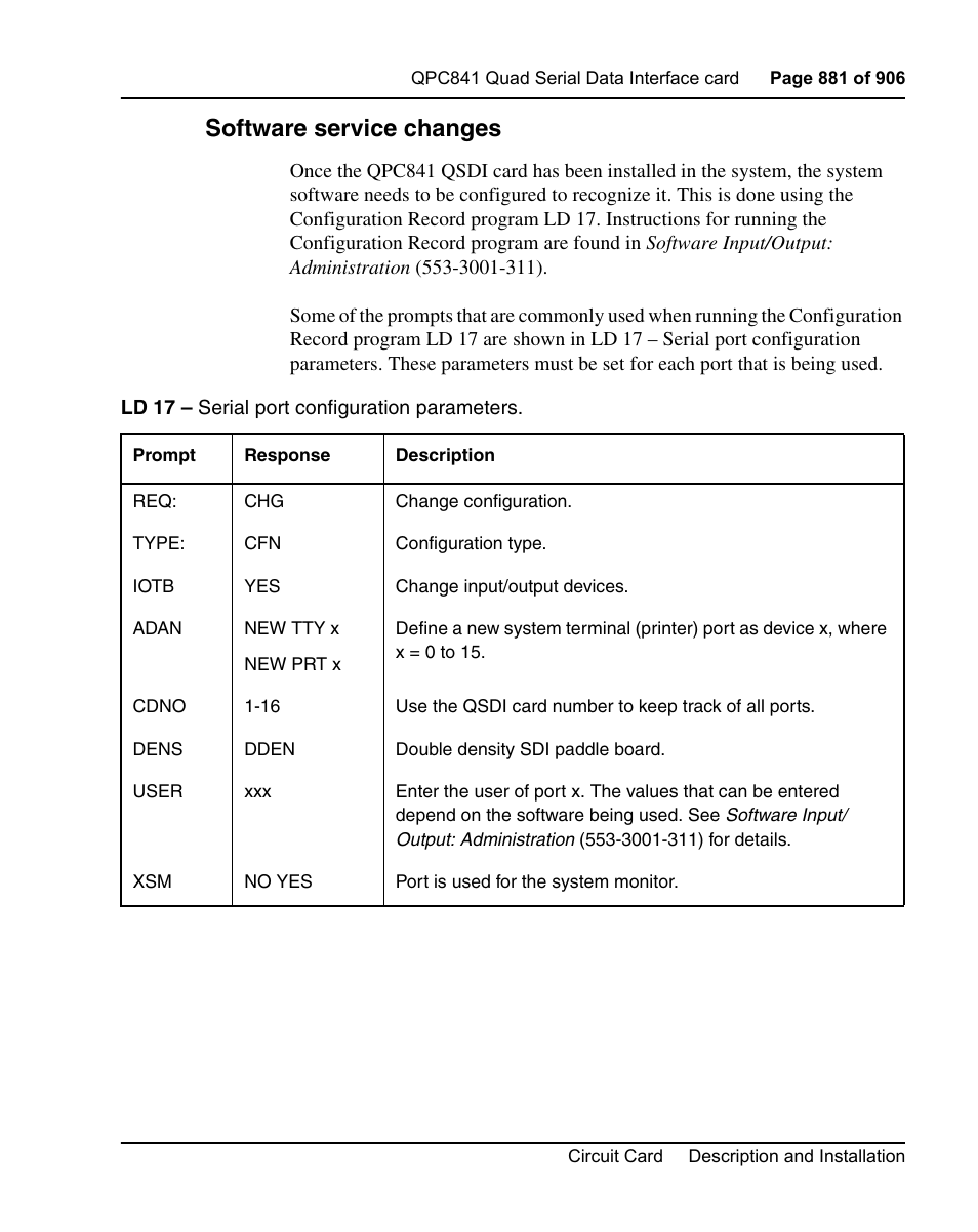 Software service changes | Nortel Networks Circuit Card User Manual | Page 881 / 908