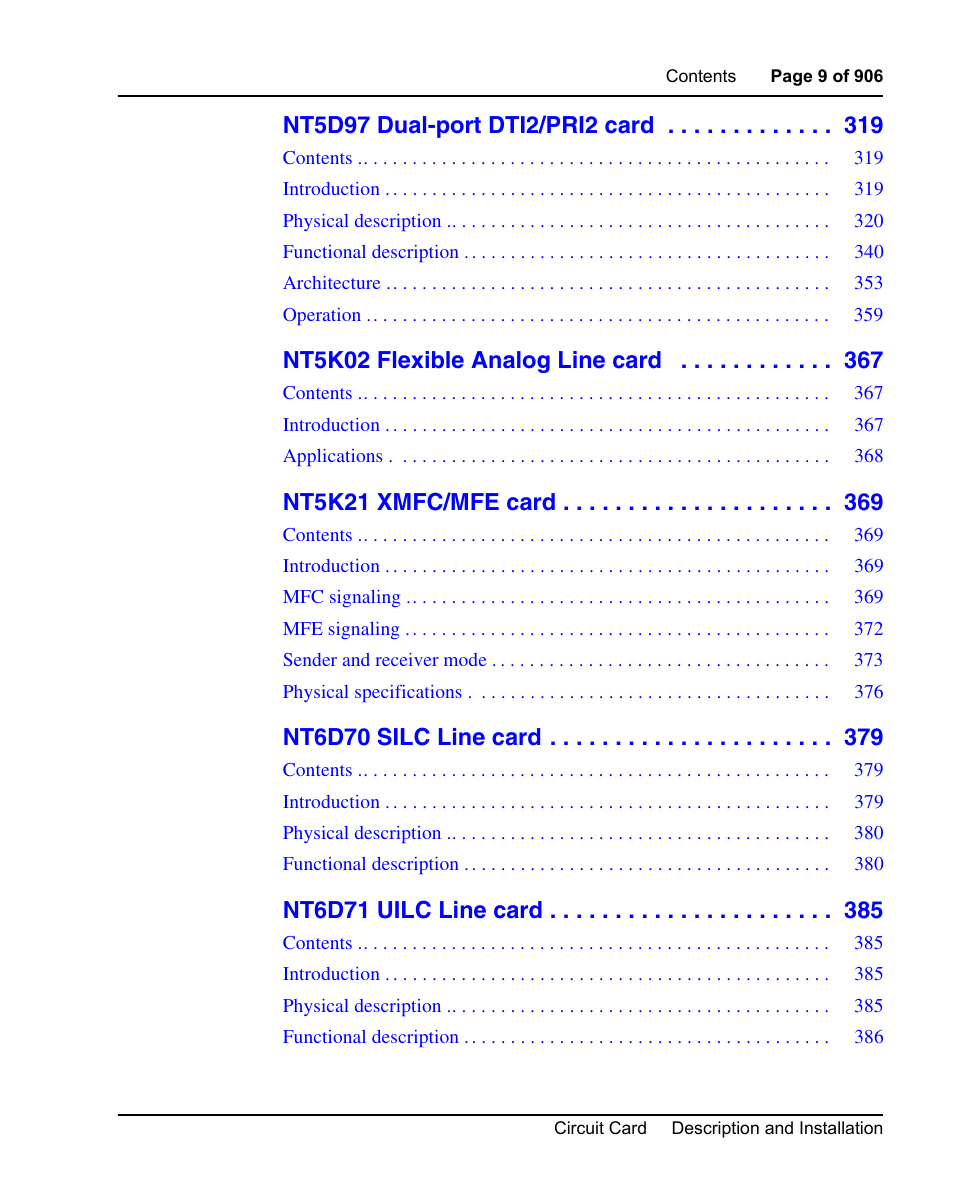 Nt5k02 flexible analog line card, Nt5k21 xmfc/mfe card, Nt6d70 silc line card | Nt6d71 uilc line card | Nortel Networks Circuit Card User Manual | Page 9 / 908