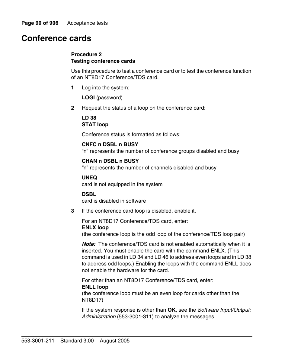 Conference cards, Procedure 2 testing conference cards | Nortel Networks Circuit Card User Manual | Page 90 / 908