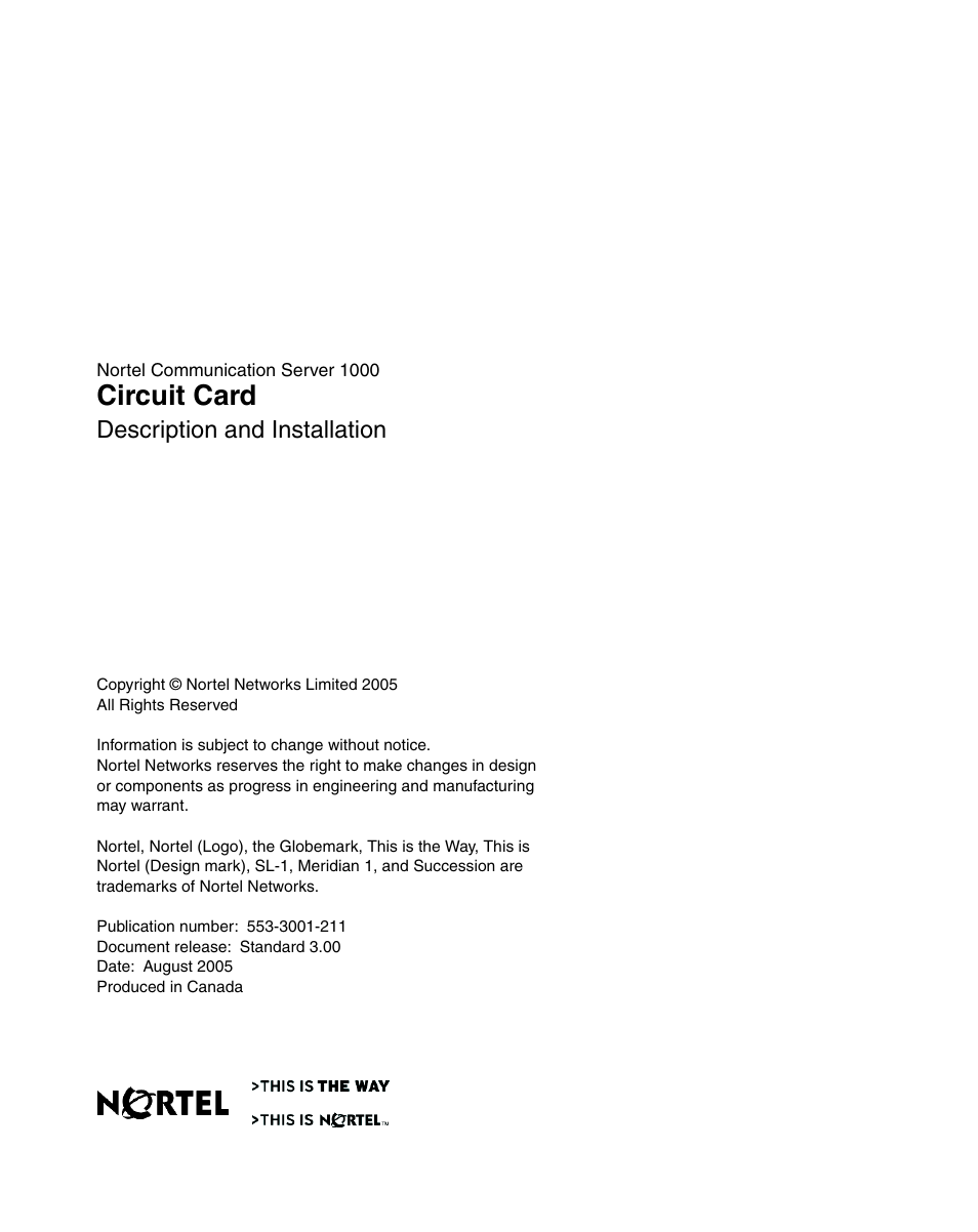 Circuit card, Description and installation | Nortel Networks Circuit Card User Manual | Page 908 / 908