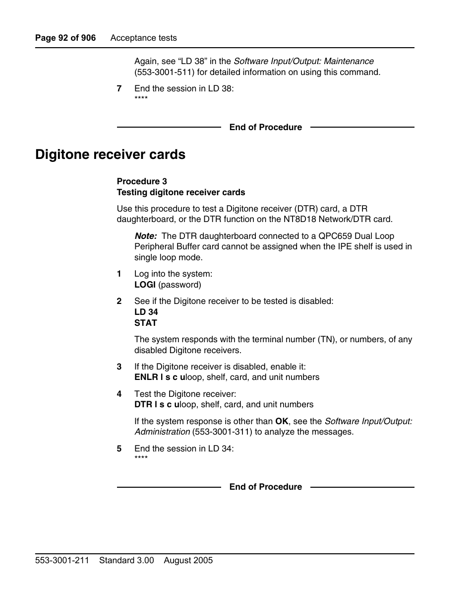 Digitone receiver cards, Procedure 3 testing digitone receiver cards | Nortel Networks Circuit Card User Manual | Page 92 / 908