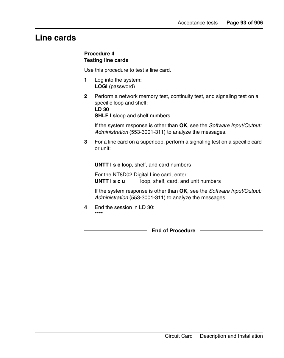 Line cards, Procedure 4 testing line cards | Nortel Networks Circuit Card User Manual | Page 93 / 908
