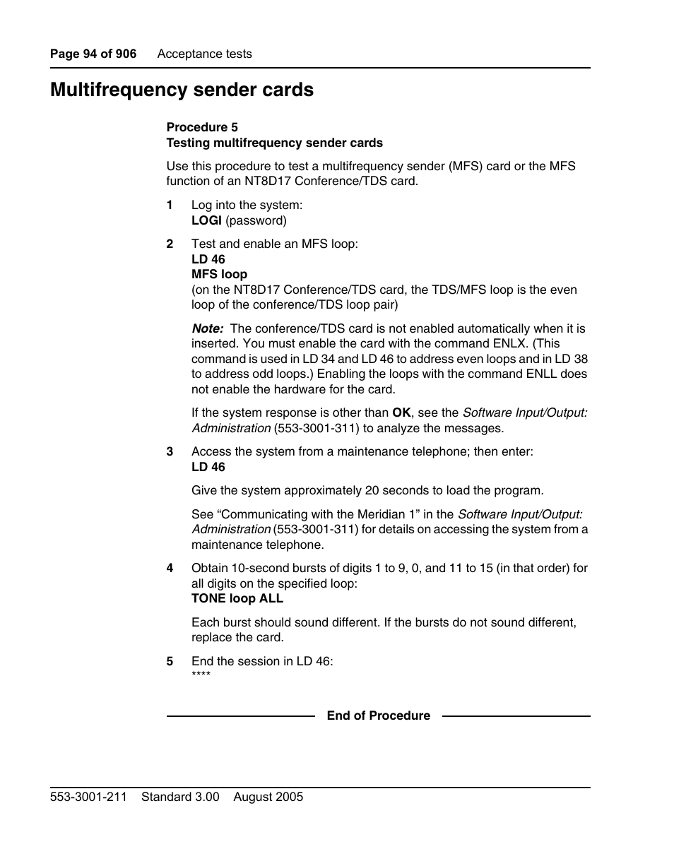 Multifrequency sender cards, Procedure 5 testing multifrequency sender cards | Nortel Networks Circuit Card User Manual | Page 94 / 908