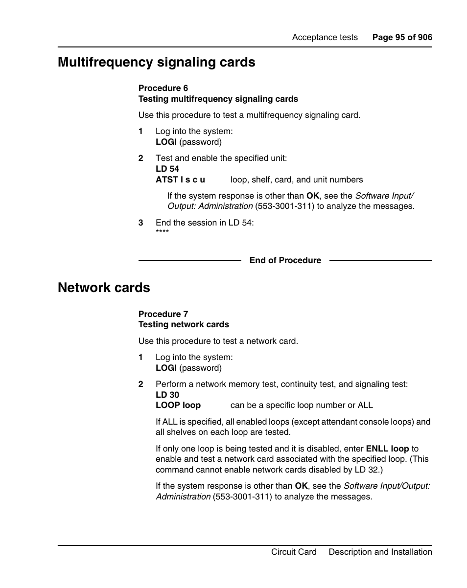 Multifrequency signaling cards, Network cards, Procedure 6 testing multifrequency signaling cards | Procedure 7 testing network cards | Nortel Networks Circuit Card User Manual | Page 95 / 908