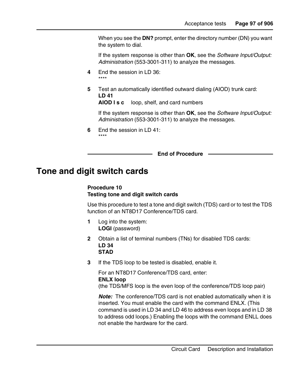 Tone and digit switch cards, Procedure 10 testing tone and digit switch cards | Nortel Networks Circuit Card User Manual | Page 97 / 908