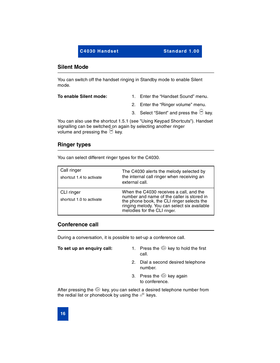 Silent mode, To enable silent mode, Ringer types | Conference call, To set up an enquiry call | Nortel Networks C4030 User Manual | Page 14 / 32