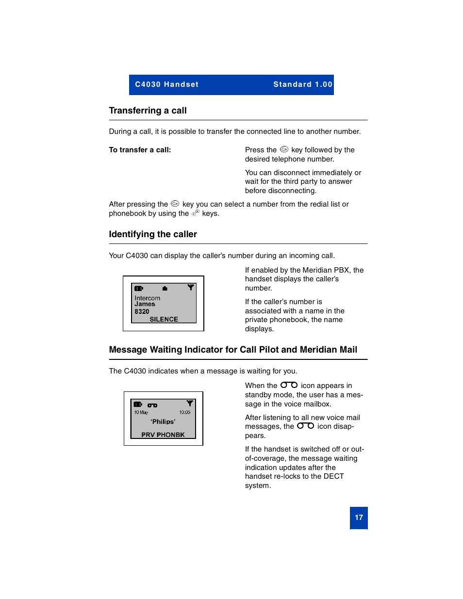 Transferring a call, To transfer a call, Identifying the caller | Nortel Networks C4030 User Manual | Page 15 / 32