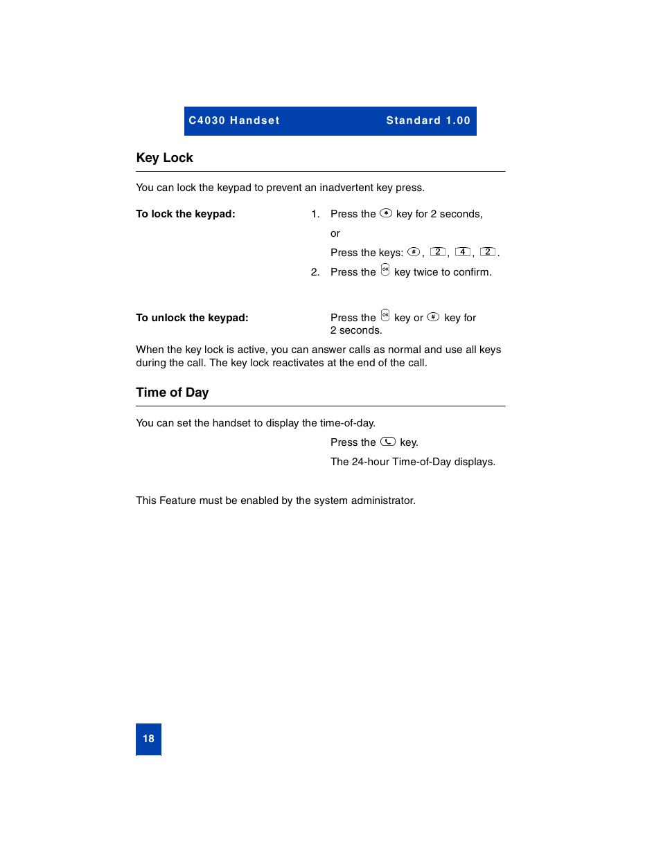 Key lock, To lock the keypad, To unlock the keypad | Time of day | Nortel Networks C4030 User Manual | Page 16 / 32