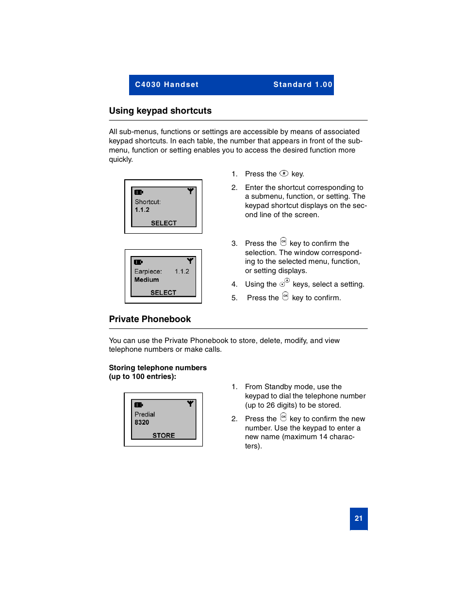 Using keypad shortcuts, Private phonebook, Storing telephone numbers (up to 100 entries) | Nortel Networks C4030 User Manual | Page 19 / 32