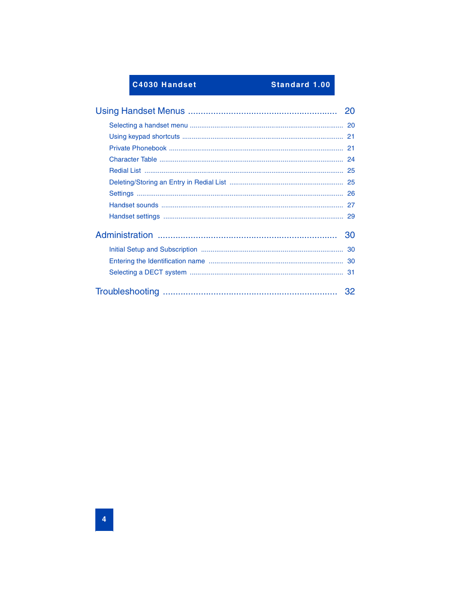 Using handset menus, Administration, Troubleshooting | Nortel Networks C4030 User Manual | Page 2 / 32