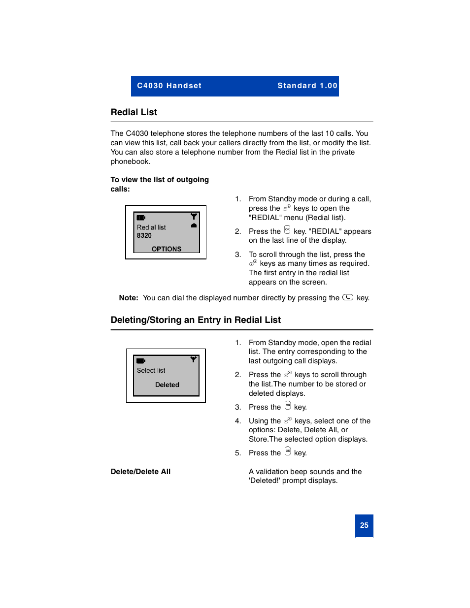 Redial list, To view the list of outgoing calls, Deleting/storing an entry in redial list | Delete/delete all | Nortel Networks C4030 User Manual | Page 23 / 32