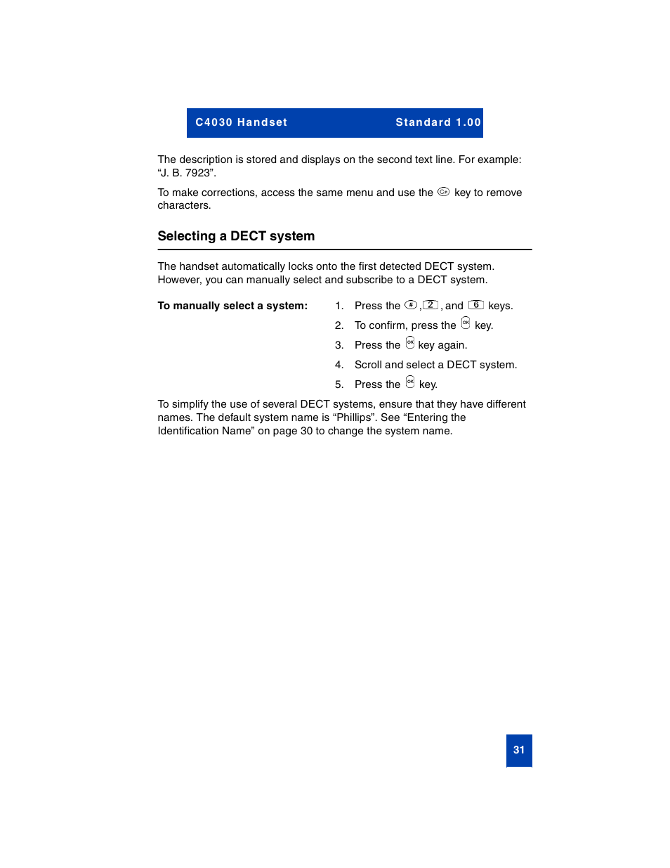 Selecting a dect system, To manually select a system | Nortel Networks C4030 User Manual | Page 29 / 32