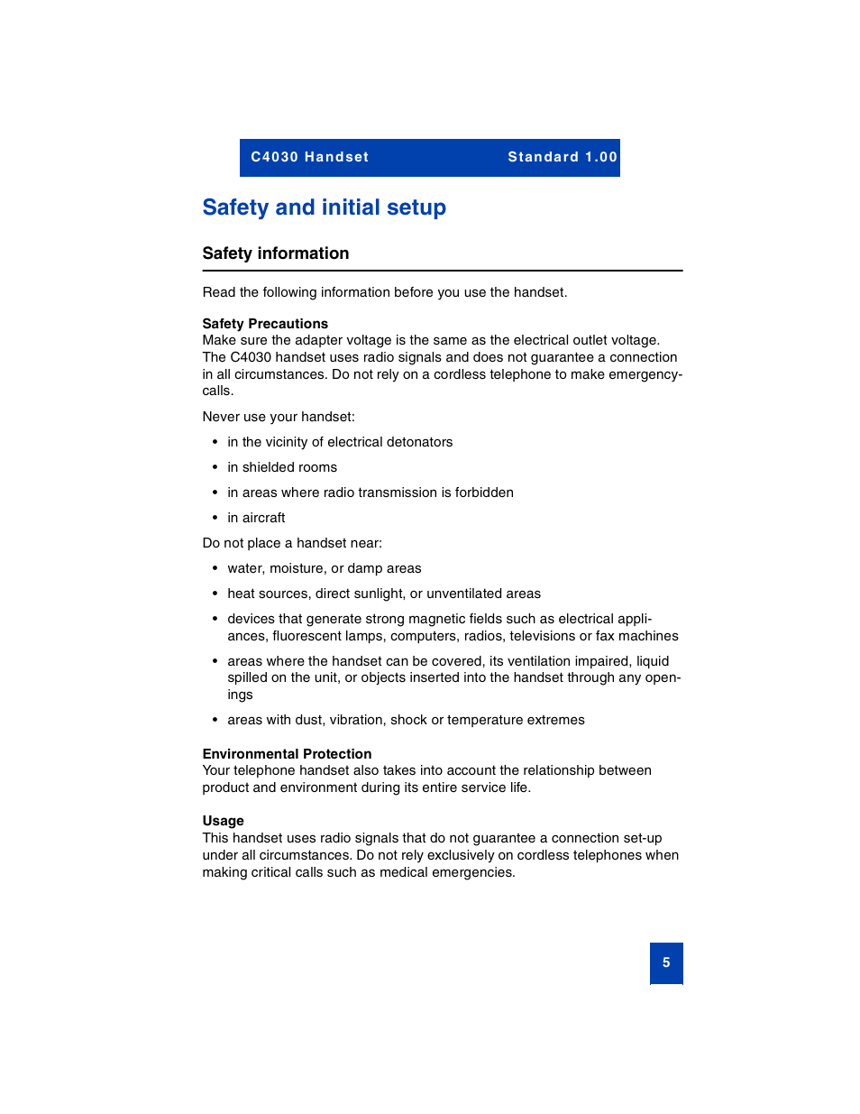 Safety and initial setup, Safety information, Safety precautions | Environmental protection, Usage | Nortel Networks C4030 User Manual | Page 3 / 32