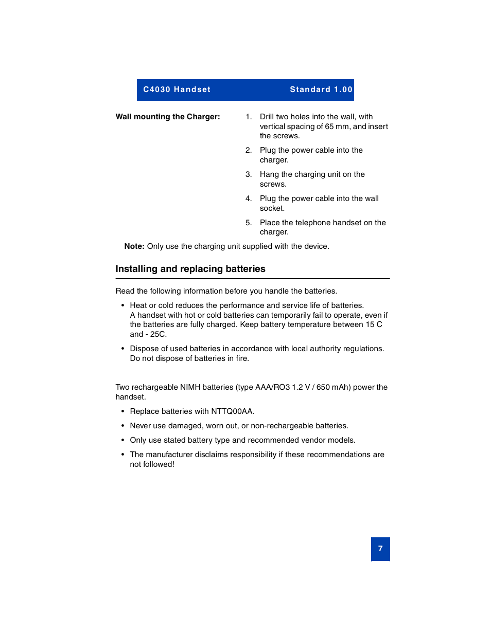 Wall mounting the charger, Installing and replacing batteries | Nortel Networks C4030 User Manual | Page 5 / 32