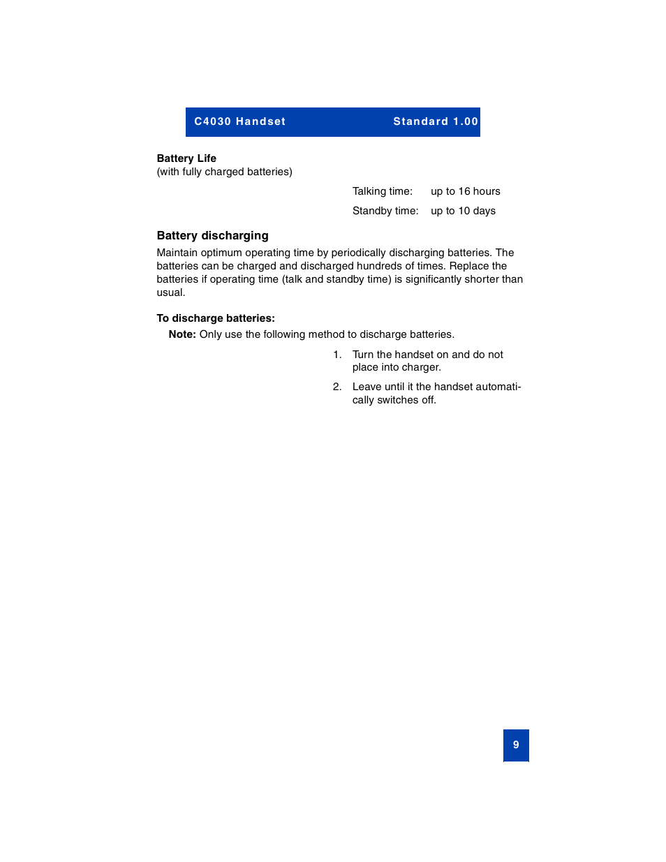 Battery life, Battery discharging, To discharge batteries | Nortel Networks C4030 User Manual | Page 7 / 32