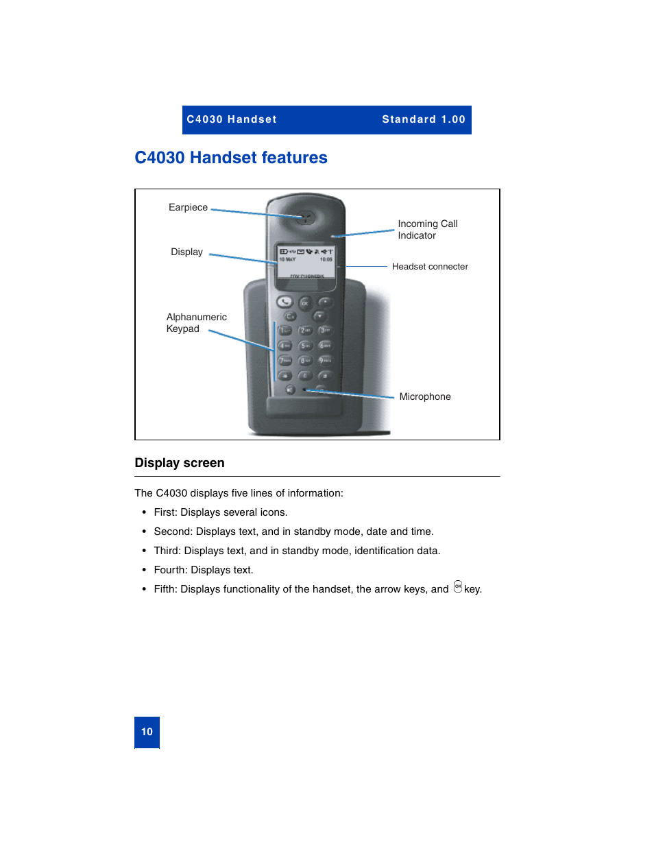 C4030 handset features, Display screen | Nortel Networks C4030 User Manual | Page 8 / 32