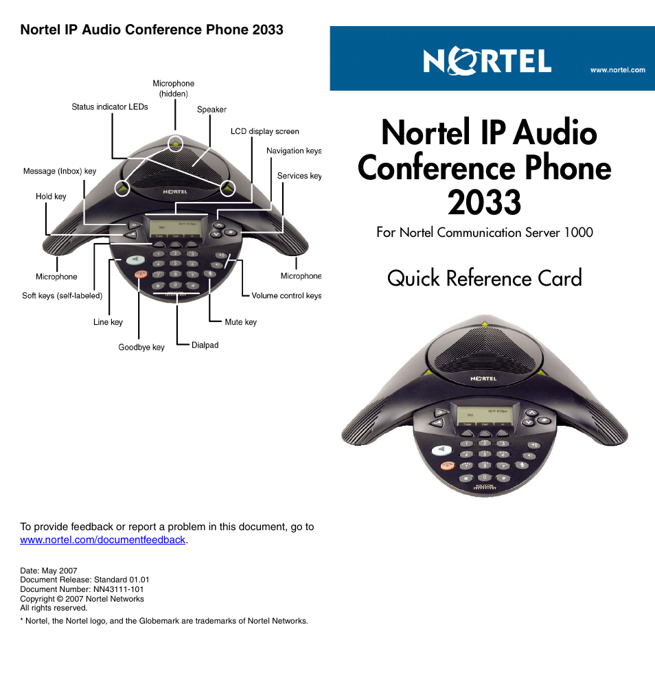 Nortel ip audio conference phone 2033, Quick reference card | Nortel Networks NN43111-101 User Manual | Page 2 / 2