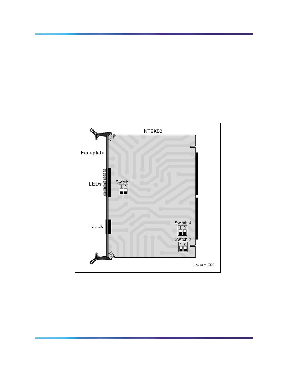Figure 85 ntbk50 with switch locations, Set the switches on the ntbk50, Switch sw1 - dchi configuration (ntak93 only) | Nortel Networks NN43001-301 User Manual | Page 267 / 306