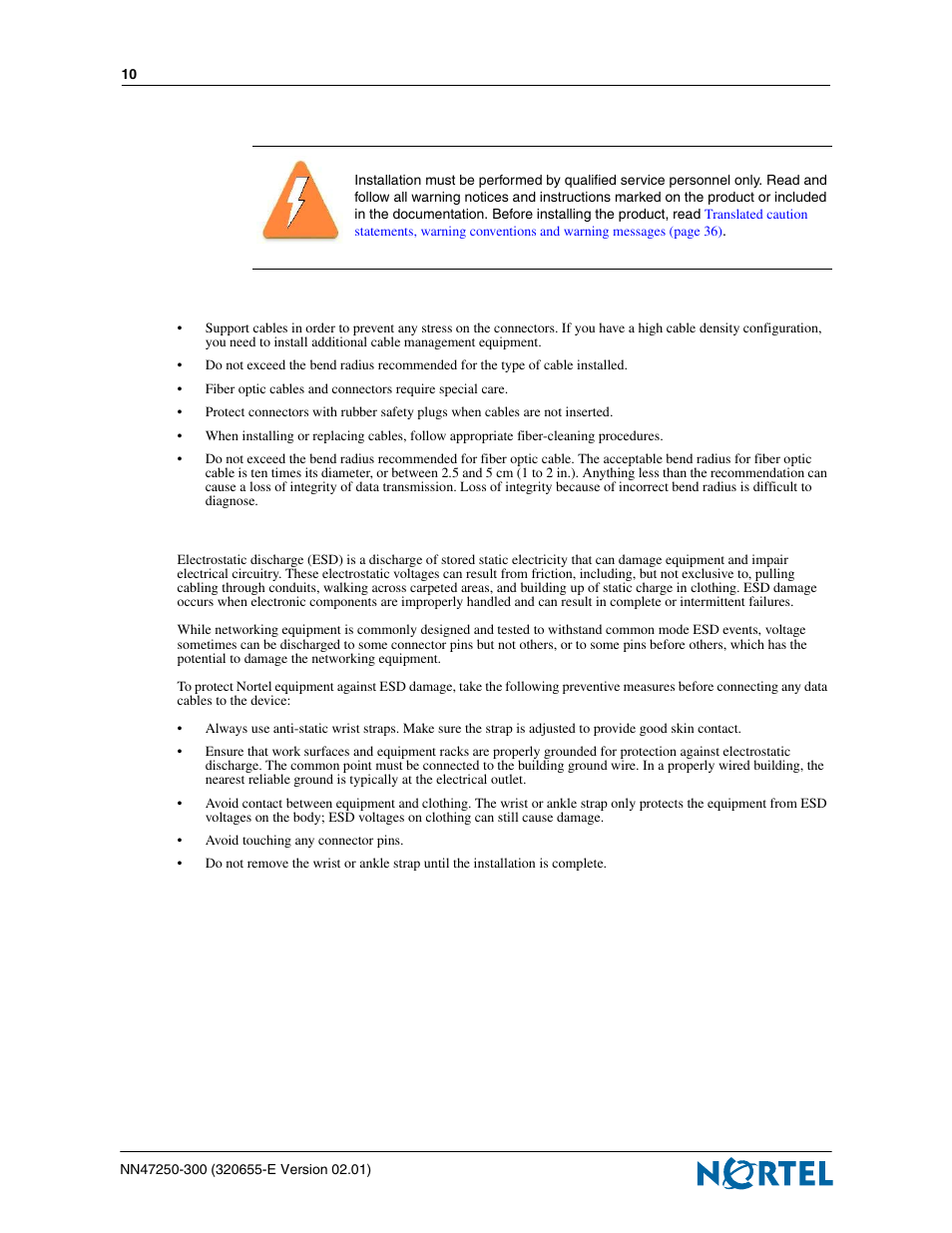 Precautions, Protecting cables and connectors, Preventing electrostatic discharge damage | Nortel Networks 2300 Series User Manual | Page 10 / 44