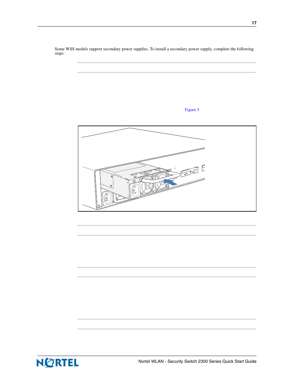 Installing a new power supply, Powering on the nortel wlan security switch, Powering on a 2350 | Nortel Networks 2300 Series User Manual | Page 17 / 44