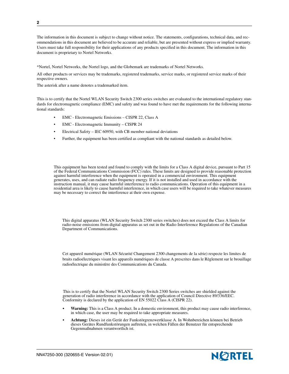 Trademarks, Fcc statement (usa only), Ices statement (canada only) | Ce marking statement (europe only) | Nortel Networks 2300 Series User Manual | Page 2 / 44