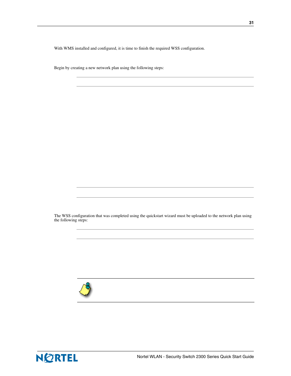 Configuring wss using wms, Creating a new network plan, Uploading the wss configuration | Nortel Networks 2300 Series User Manual | Page 31 / 44