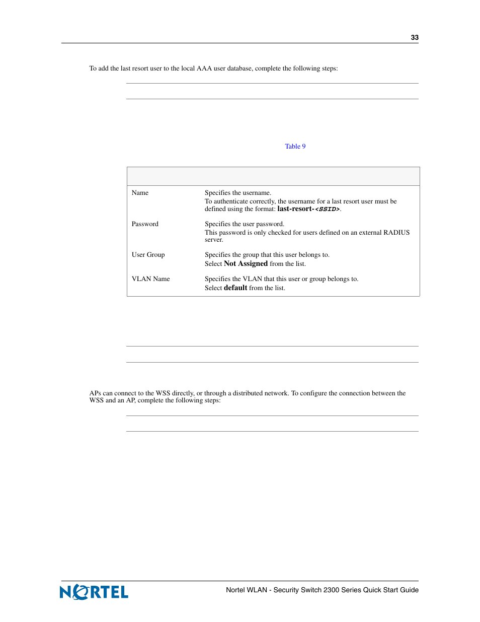 Add the last resort user, Adding and enabling access points | Nortel Networks 2300 Series User Manual | Page 33 / 44