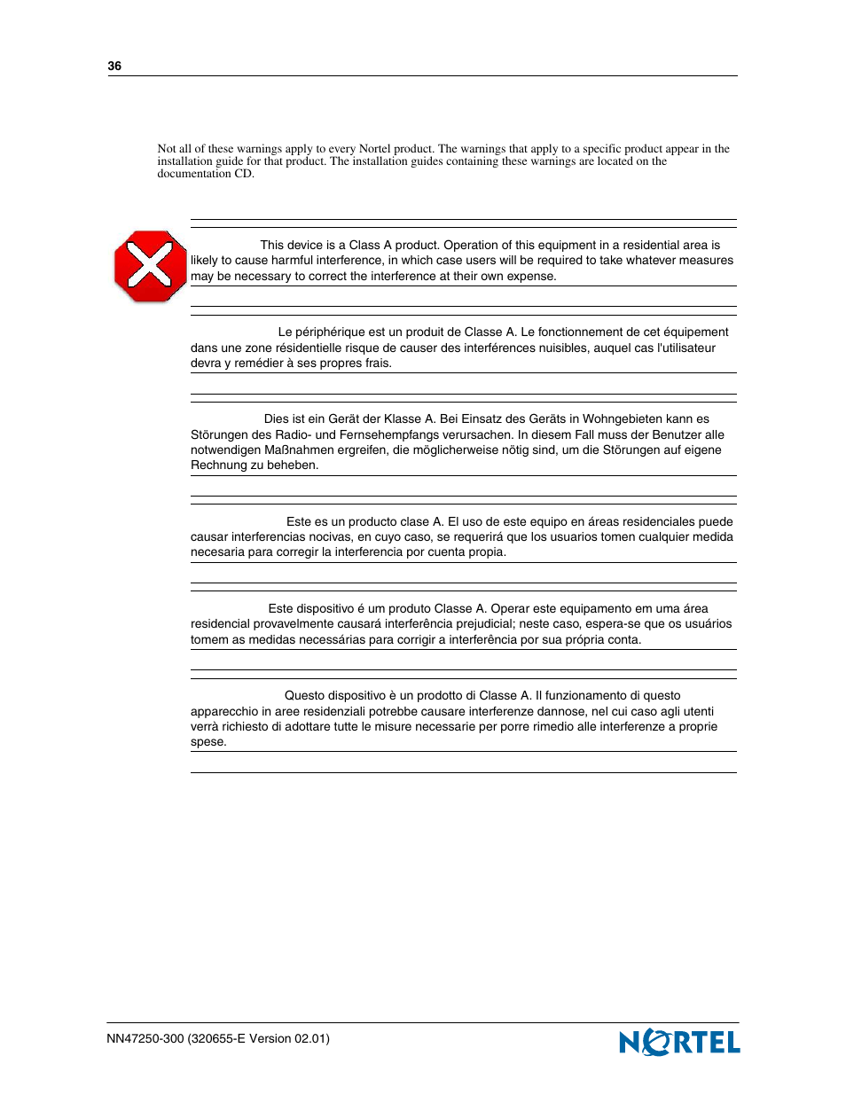 Caution statements, Translated caution | Nortel Networks 2300 Series User Manual | Page 36 / 44