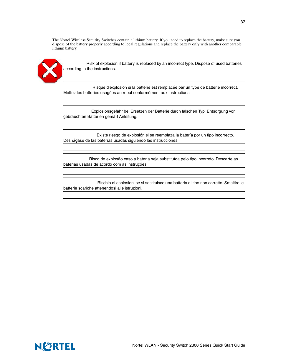 Lithium battery caution | Nortel Networks 2300 Series User Manual | Page 37 / 44