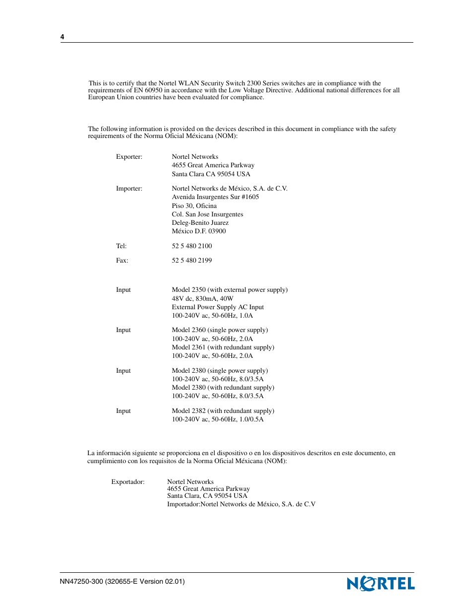 National safety statements of compliance, En 60950 statement, Nom statement (mexico only) | Información nom (unicamente para méxico) | Nortel Networks 2300 Series User Manual | Page 4 / 44