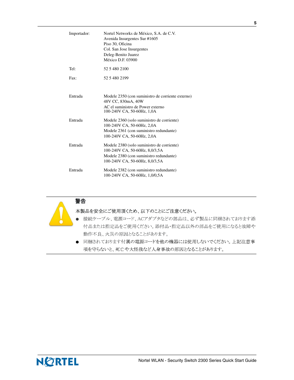 Denan statement (japan/nippon only) | Nortel Networks 2300 Series User Manual | Page 5 / 44