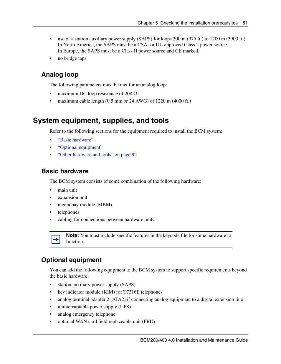 Analog loop, System equipment, supplies, and tools, Basic hardware | Optional equipment | Nortel Networks BCM200/400 User Manual | Page 101 / 394