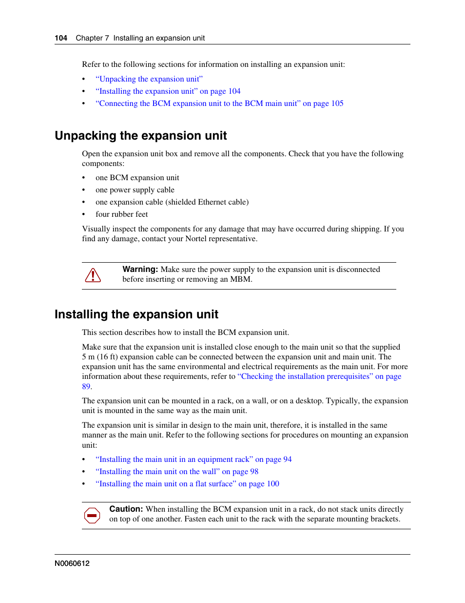 Unpacking the expansion unit, Installing the expansion unit | Nortel Networks BCM200/400 User Manual | Page 104 / 394