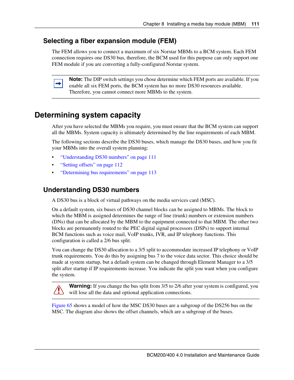 Selecting a fiber expansion module (fem), Determining system capacity, Understanding ds30 numbers | Refer to, For more information | Nortel Networks BCM200/400 User Manual | Page 111 / 394