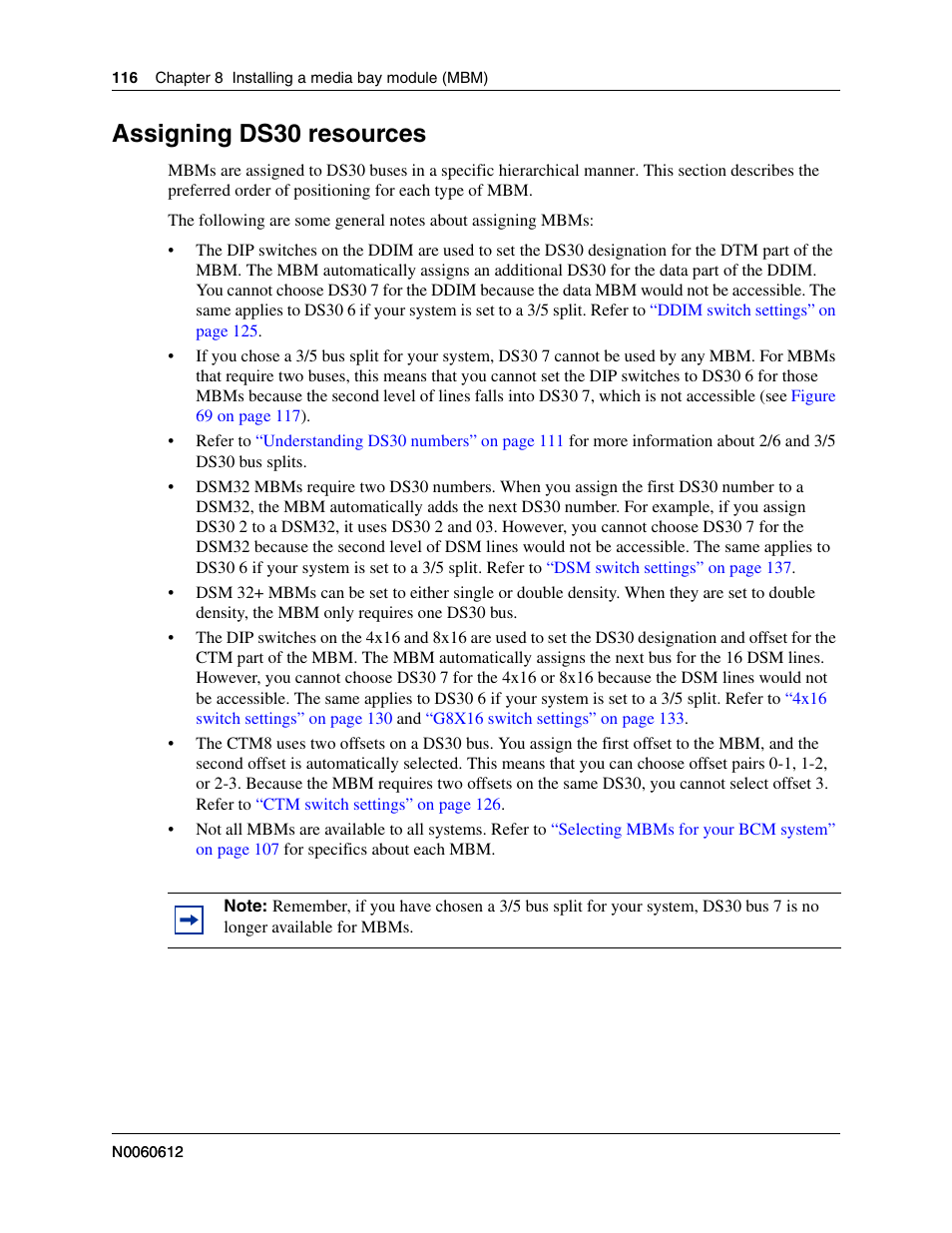 Assigning ds30 resources, Restrictions, refer to | Nortel Networks BCM200/400 User Manual | Page 116 / 394