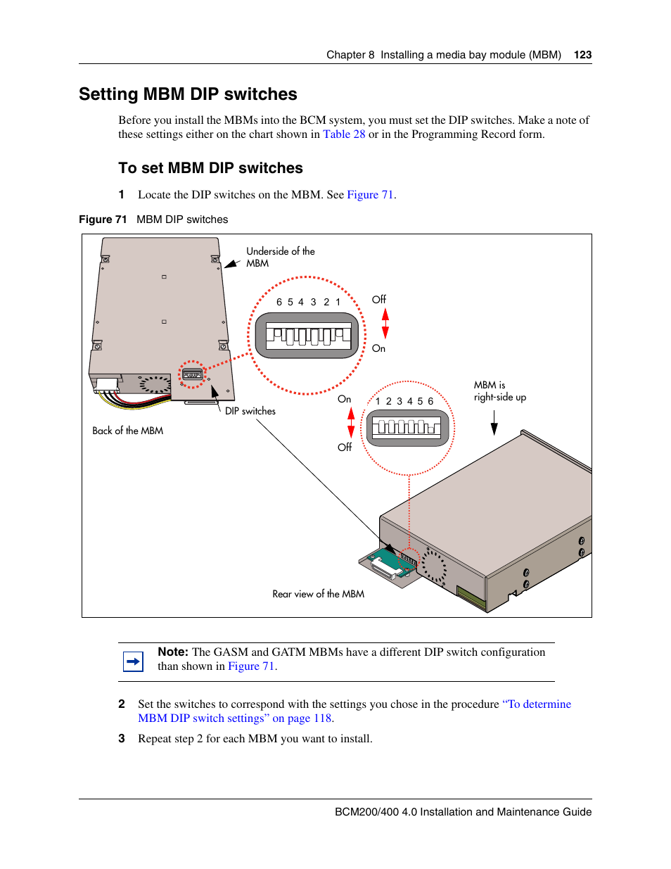 Setting mbm dip switches, To set mbm dip switches | Nortel Networks BCM200/400 User Manual | Page 123 / 394