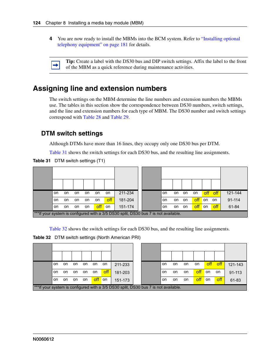 Assigning line and extension numbers, Dtm switch settings | Nortel Networks BCM200/400 User Manual | Page 124 / 394