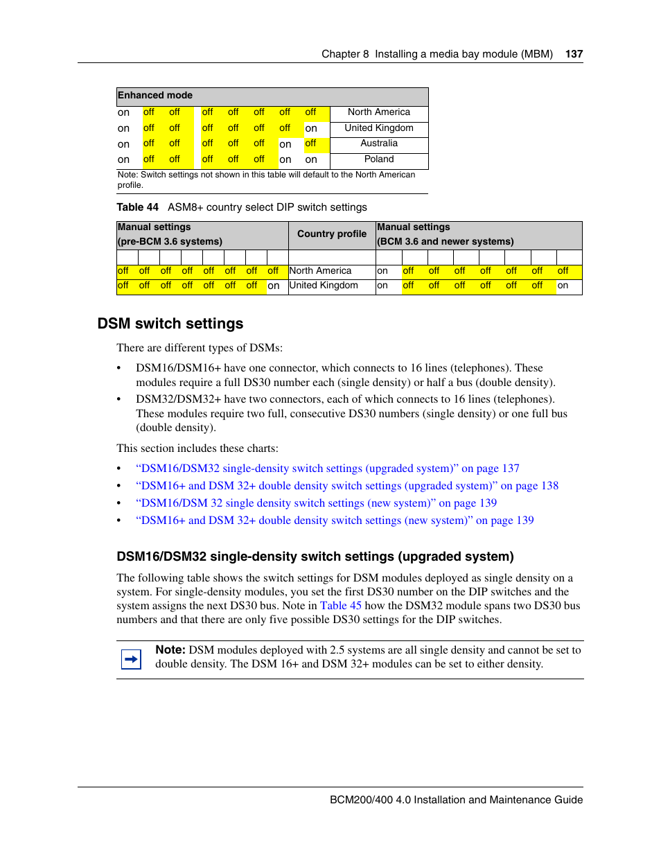 Dsm switch settings | Nortel Networks BCM200/400 User Manual | Page 137 / 394