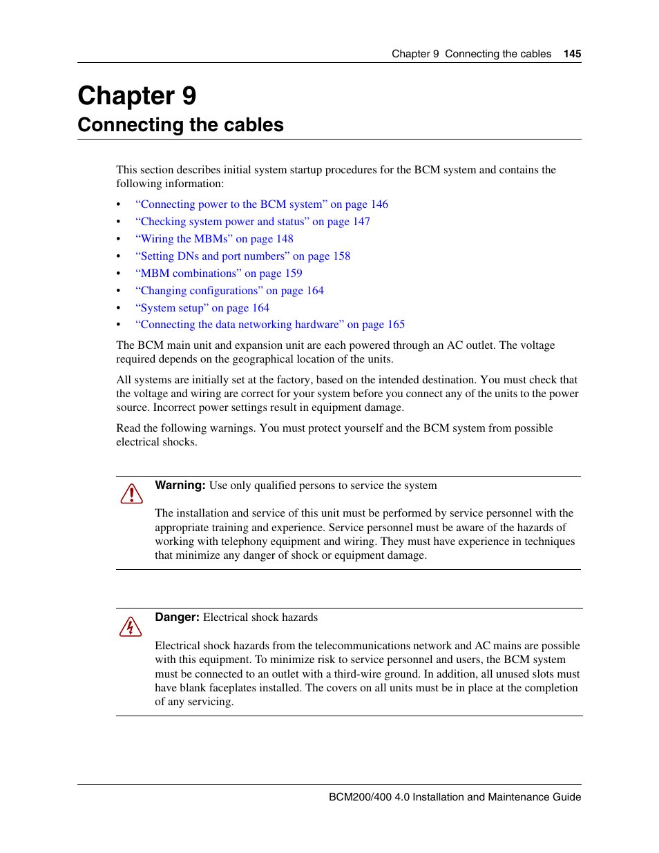 Connecting the cables, Chapter 9 connecting the cables, Chapter 9 | Nortel Networks BCM200/400 User Manual | Page 145 / 394