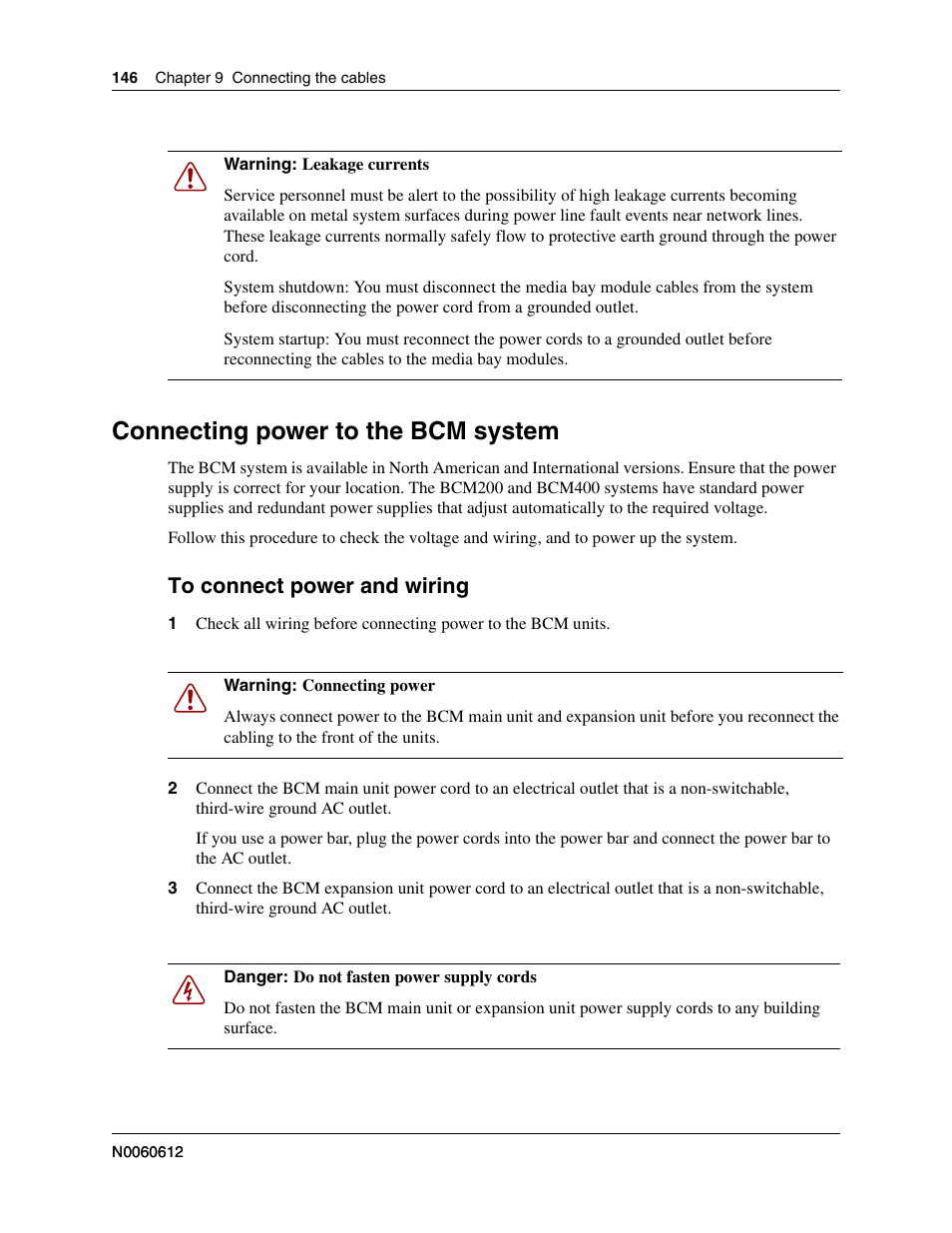 Connecting power to the bcm system, To connect power and wiring | Nortel Networks BCM200/400 User Manual | Page 146 / 394