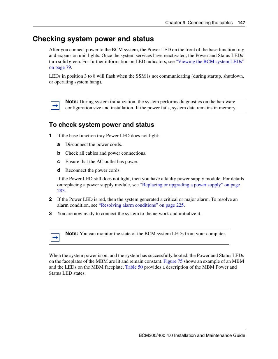 Checking system power and status, To check system power and status | Nortel Networks BCM200/400 User Manual | Page 147 / 394