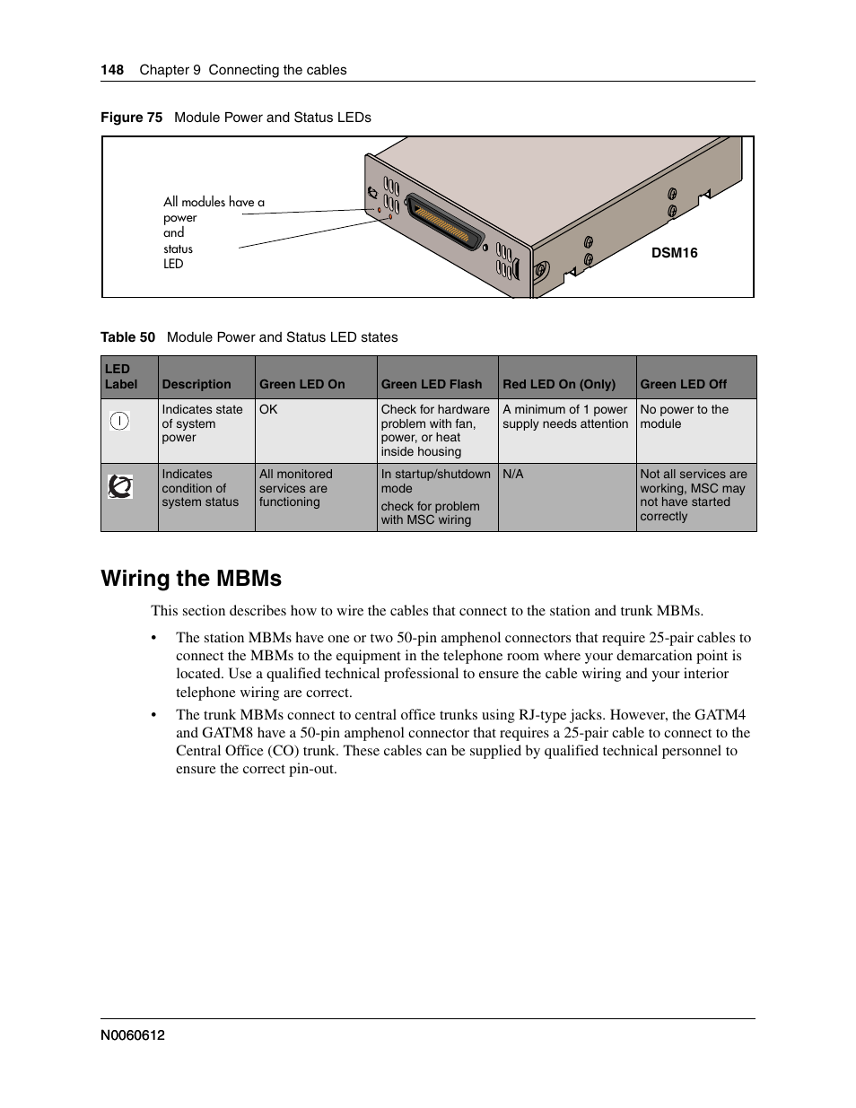 Wiring the mbms, Are lit and remain constant, Figure 75 | Shows an, Table 50 | Nortel Networks BCM200/400 User Manual | Page 148 / 394