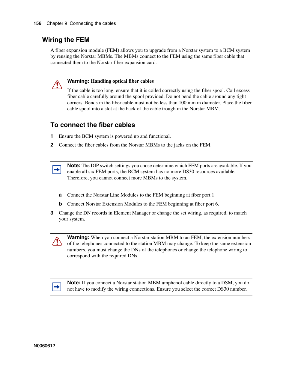 Wiring the fem, To connect the fiber cables | Nortel Networks BCM200/400 User Manual | Page 156 / 394