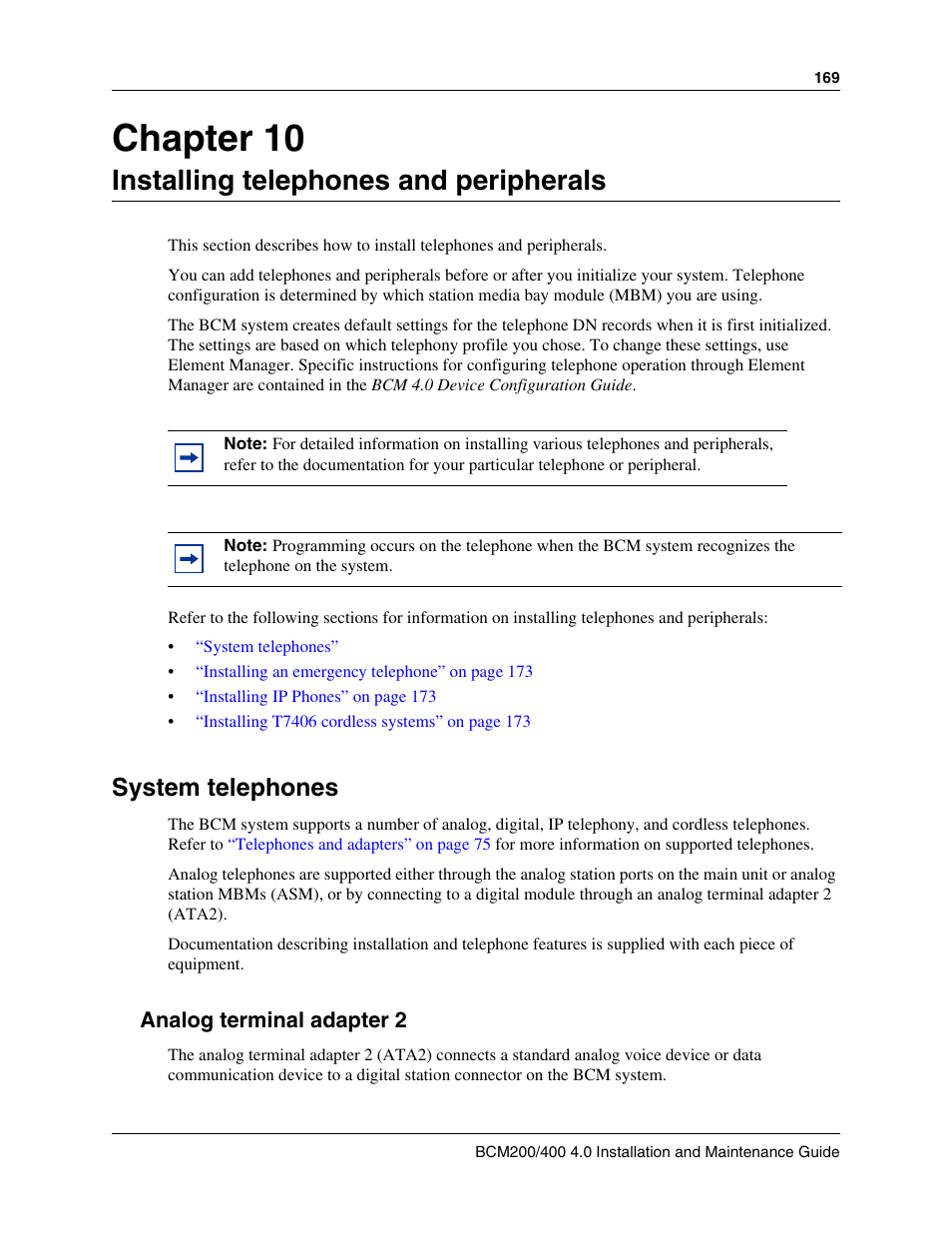 Installing telephones and peripherals, System telephones, Analog terminal adapter 2 | Chapter 10 installing telephones and peripherals, The telephones. refer to, Chapter 10 | Nortel Networks BCM200/400 User Manual | Page 169 / 394