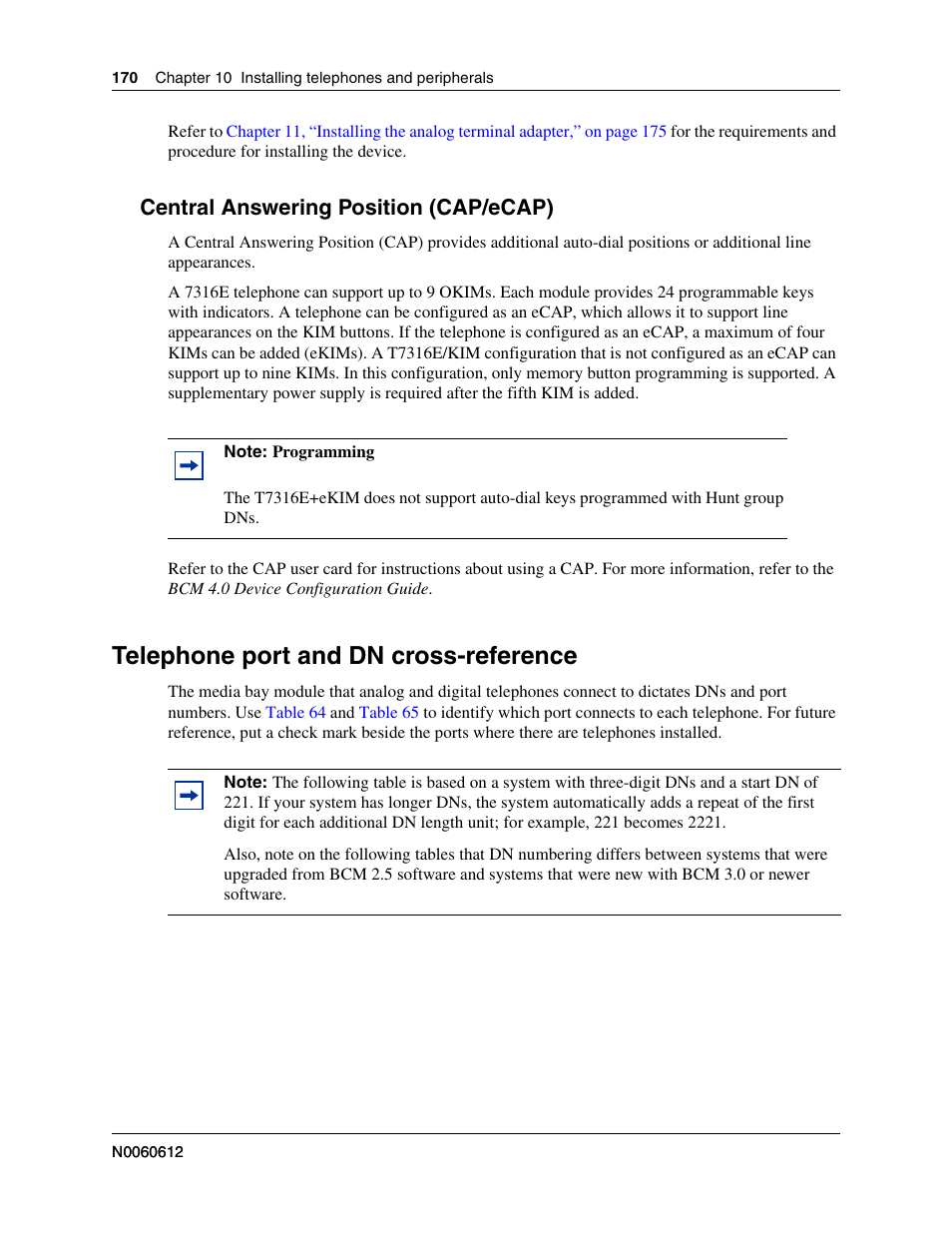 Central answering position (cap/ecap), Telephone port and dn cross-reference | Nortel Networks BCM200/400 User Manual | Page 170 / 394