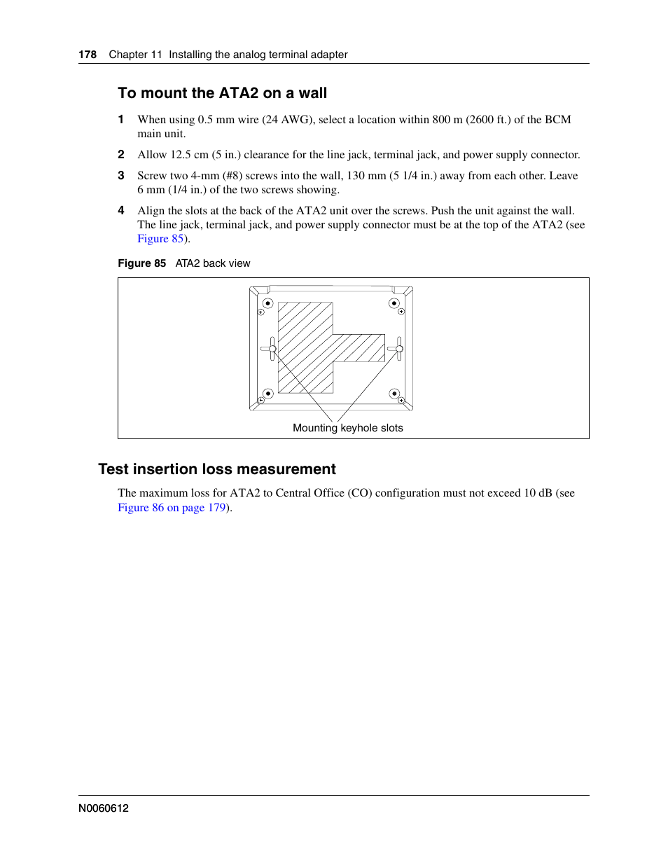 Test insertion loss measurement, To mount the ata2 on a wall | Nortel Networks BCM200/400 User Manual | Page 178 / 394