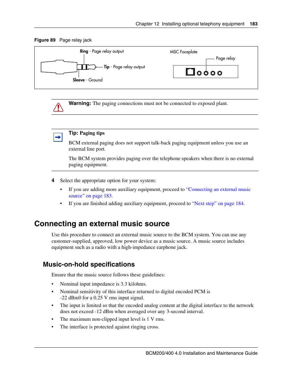 Connecting an external music source, Music-on-hold specifications, Figure 89 | Nortel Networks BCM200/400 User Manual | Page 183 / 394