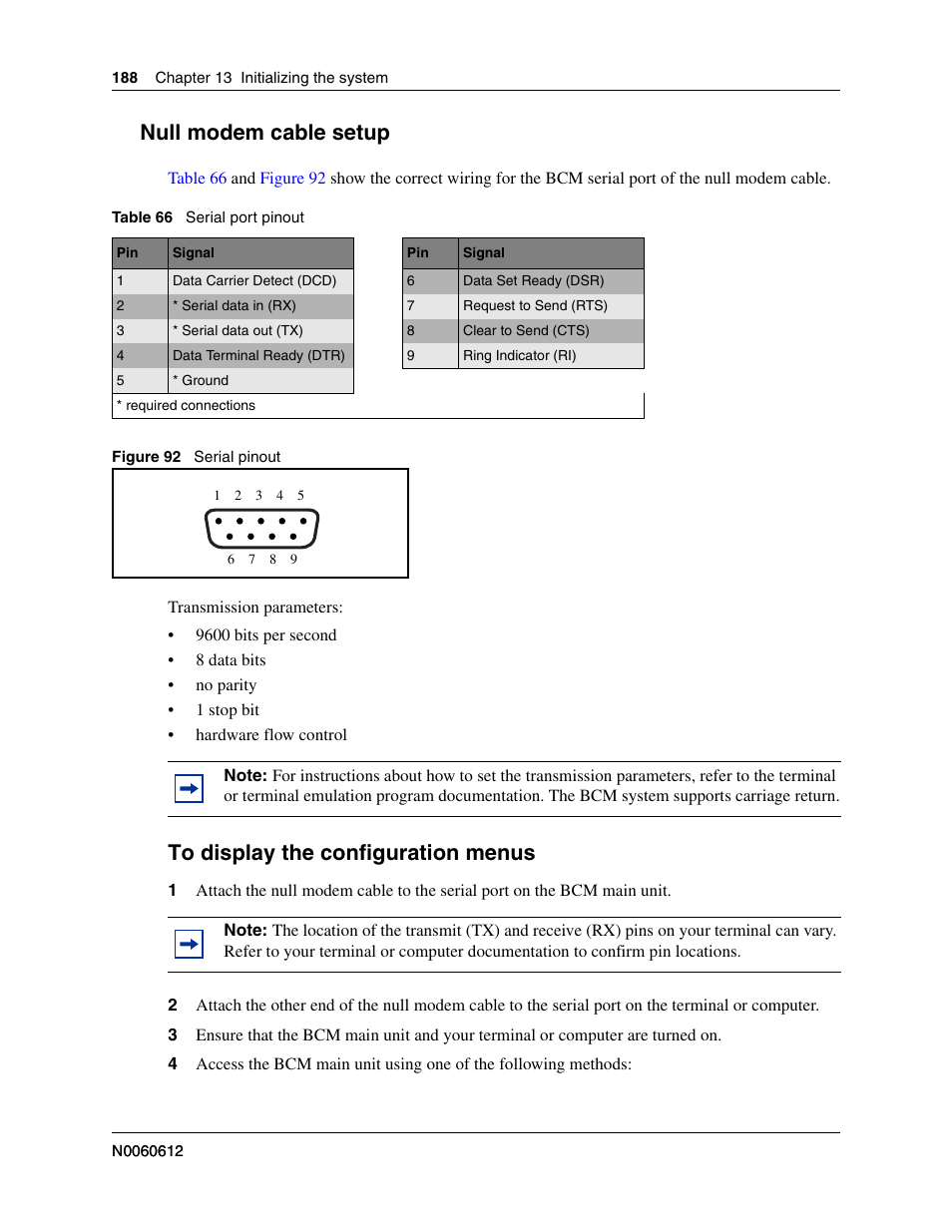 Null modem cable setup, To display the configuration menus | Nortel Networks BCM200/400 User Manual | Page 188 / 394